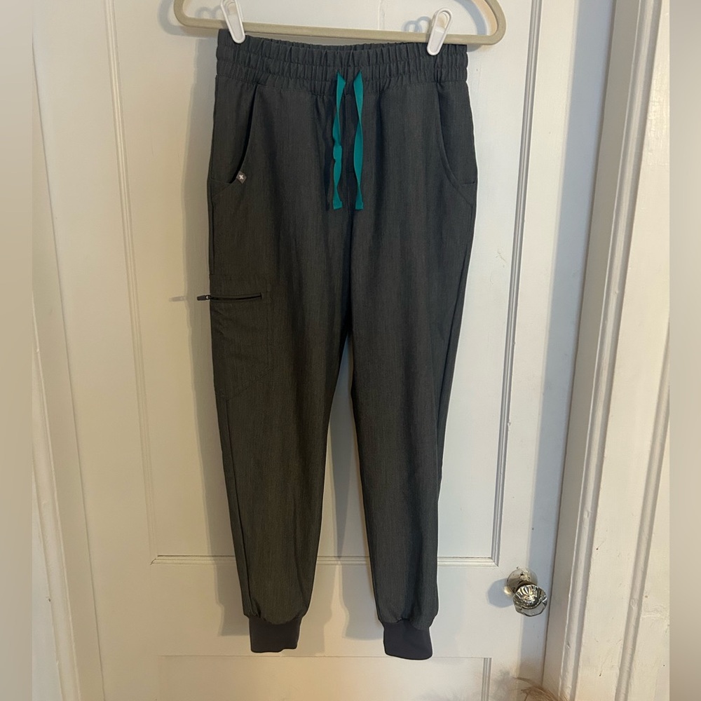 Figs Dark Gray Scrub Pants with Teal Drawstrings